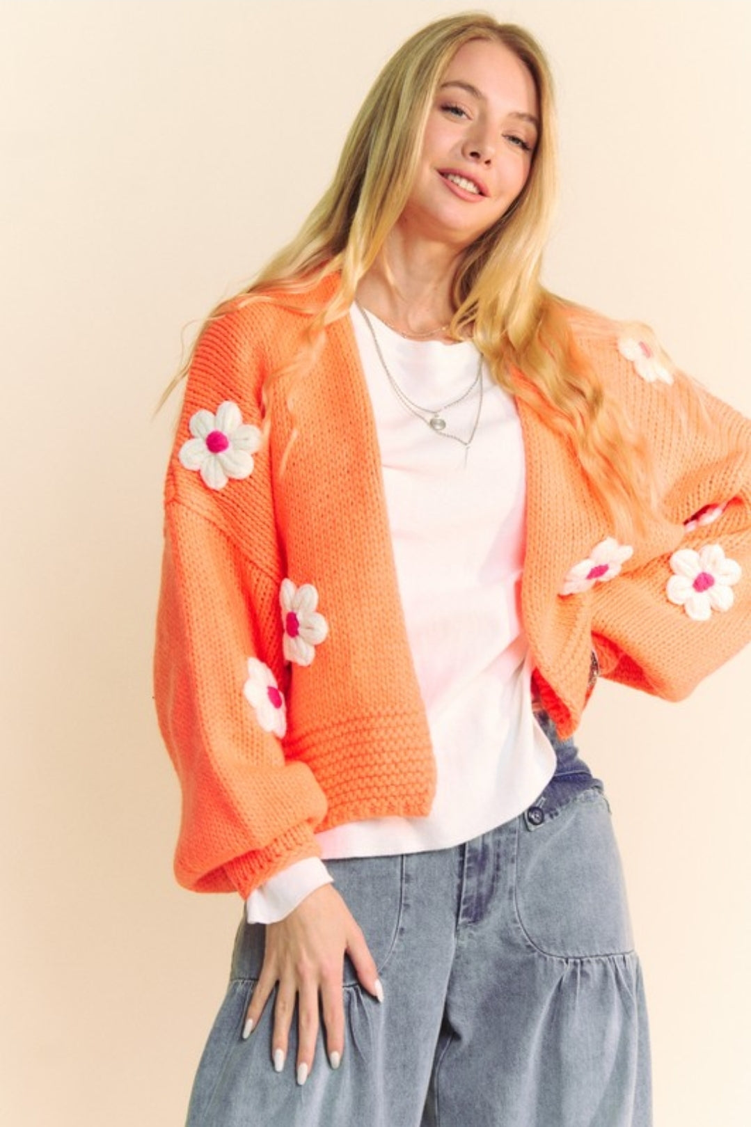 Chunky Knitted Daisy Cropped Cardigan