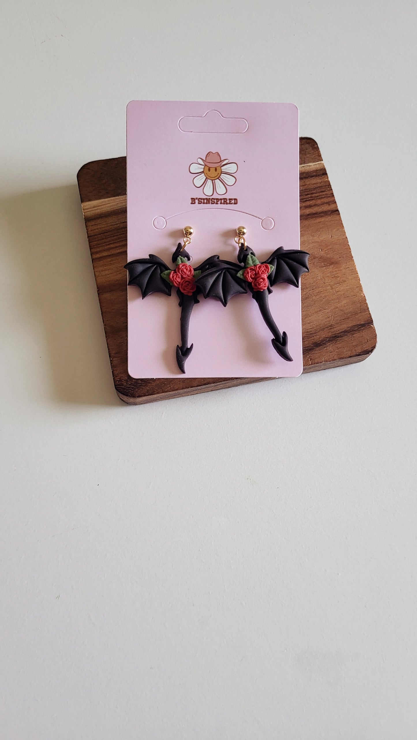 Black Dragon With Red Roses Dangle Earrings