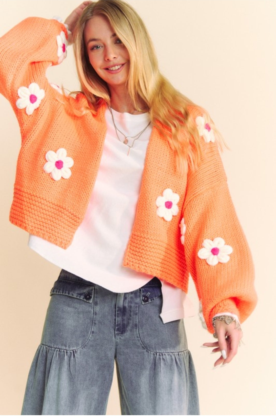 Chunky Knitted Daisy Cropped Cardigan