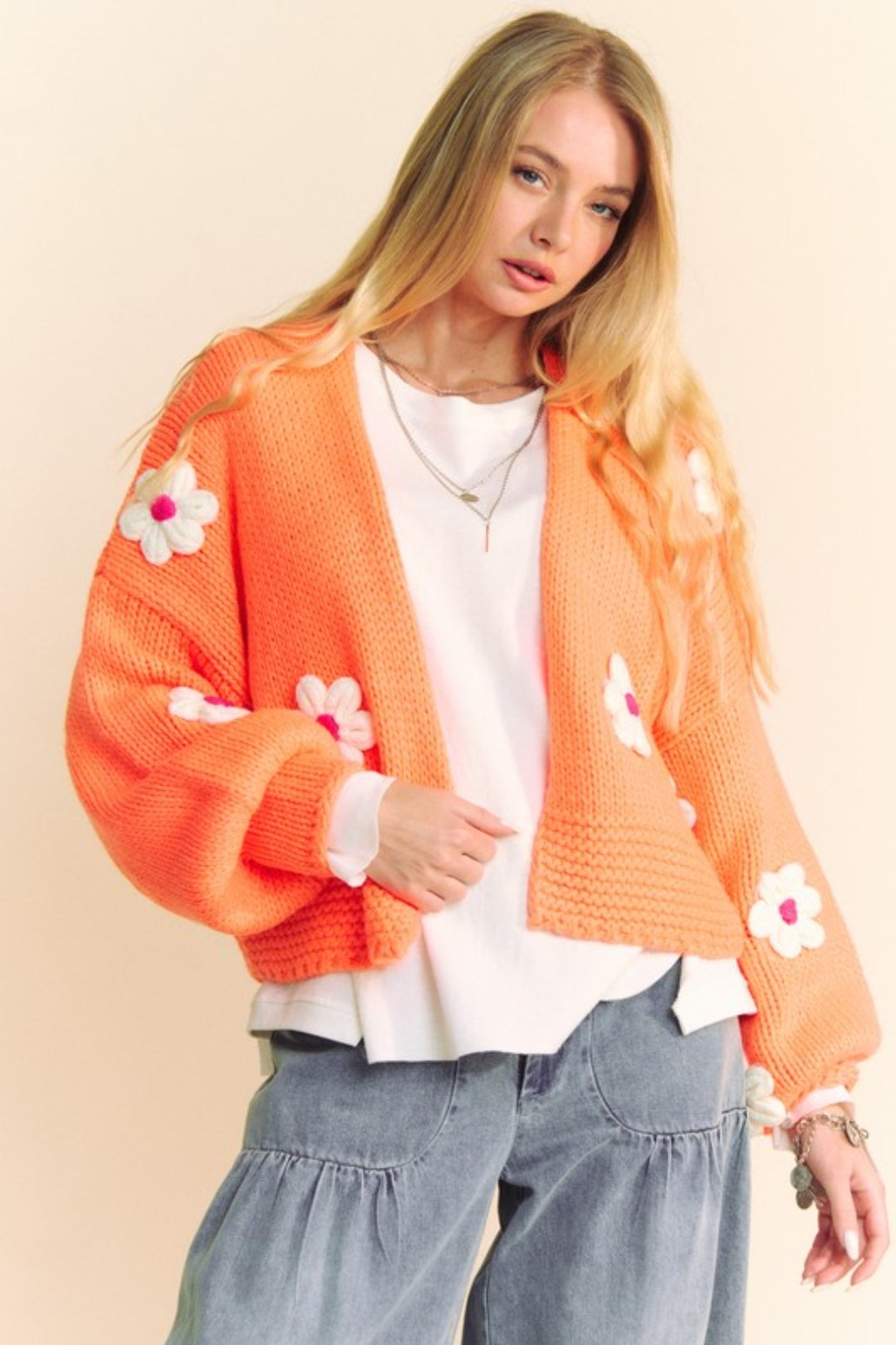 Chunky Knitted Daisy Cropped Cardigan