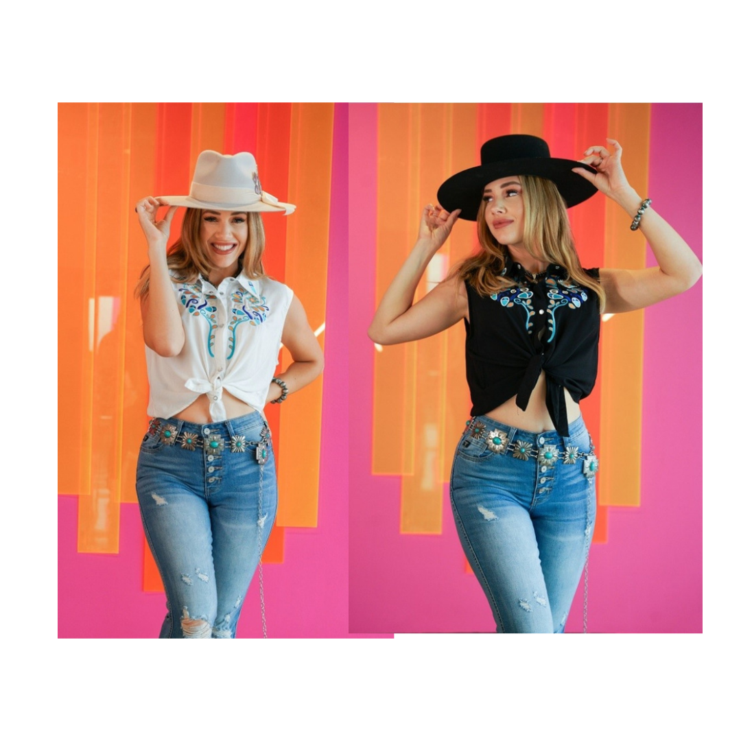 Western Button Down Front Tie Top