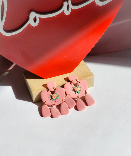 Pink Rose Dangle Earrings, Women's Rose Dangle Earrings