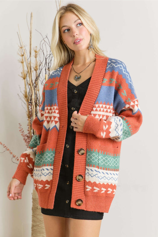 Geometric Long Sleeve Cardigan with Buttons