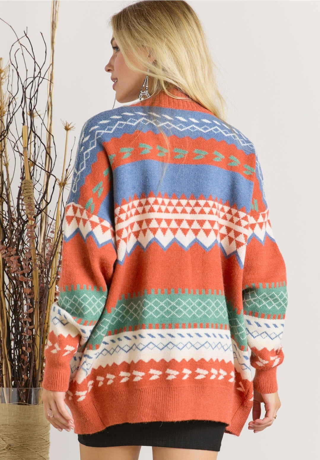 Geometric Long Sleeve Cardigan with Buttons