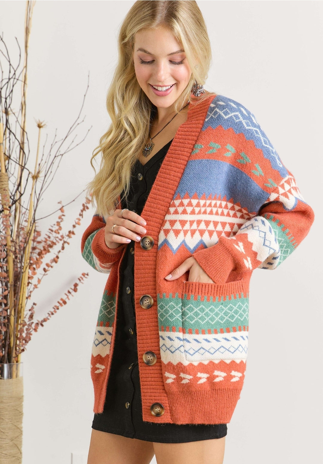 Geometric Long Sleeve Cardigan with Buttons
