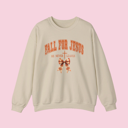 Fall For Jesus He Never Leaves Crewneck Sweatshirt