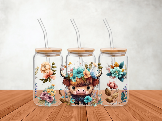 Blue Flower Highland Cow Glass Cup