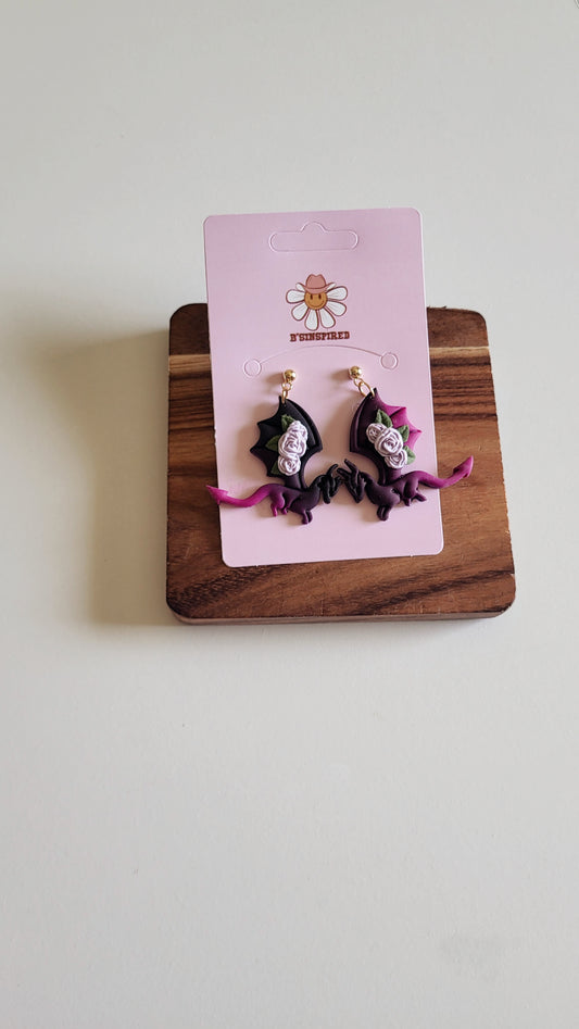Purple Dragon With Purple Roses Dangel Earrings