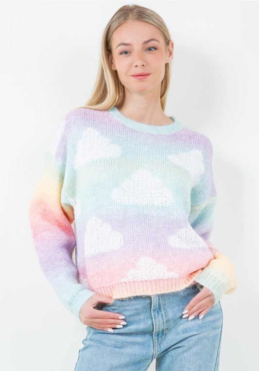 Rainbow Ombre Cloud Pattern Pullover Sweater