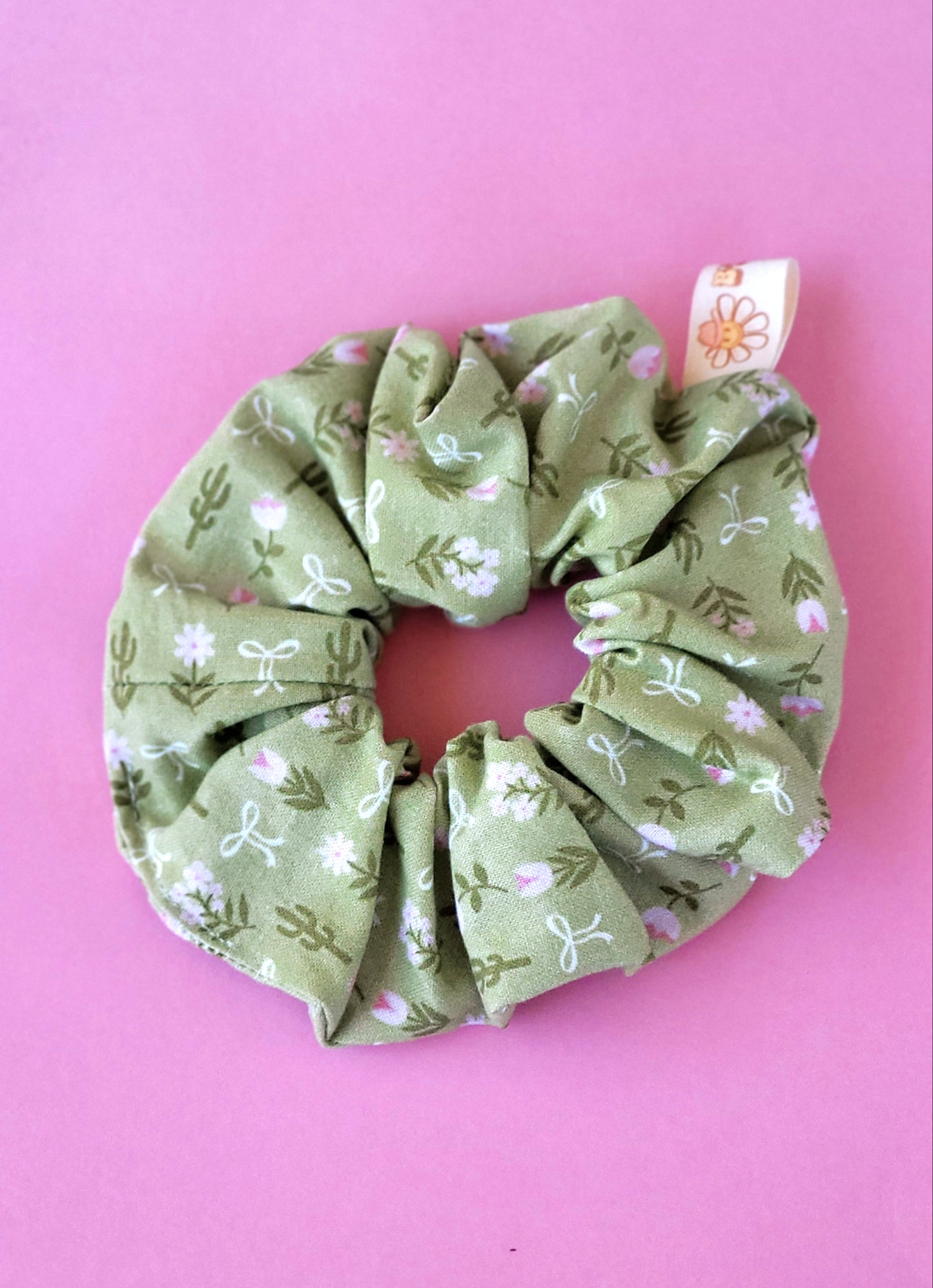 Green Cactus and Wildflower Hair Scrunchie