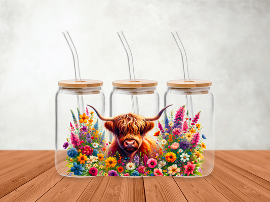 Wildflower Highland Cow Glass Cup