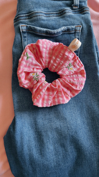 Pink Plaided Embroidered Daisy Flower Scrunchie