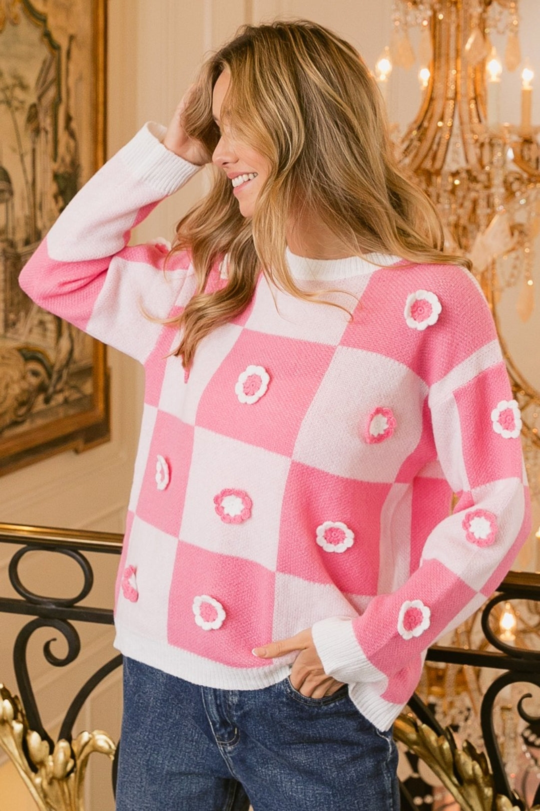 Pink Patchwork Pullover Sweater, Flower Patches Checkered Sweater, Pink and Pink Checkered Sweater, Checkered Sweater Knitting Pattern