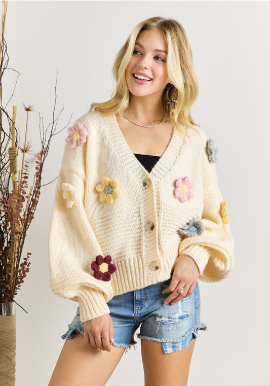 Chunky Knitted Floral Cardigan