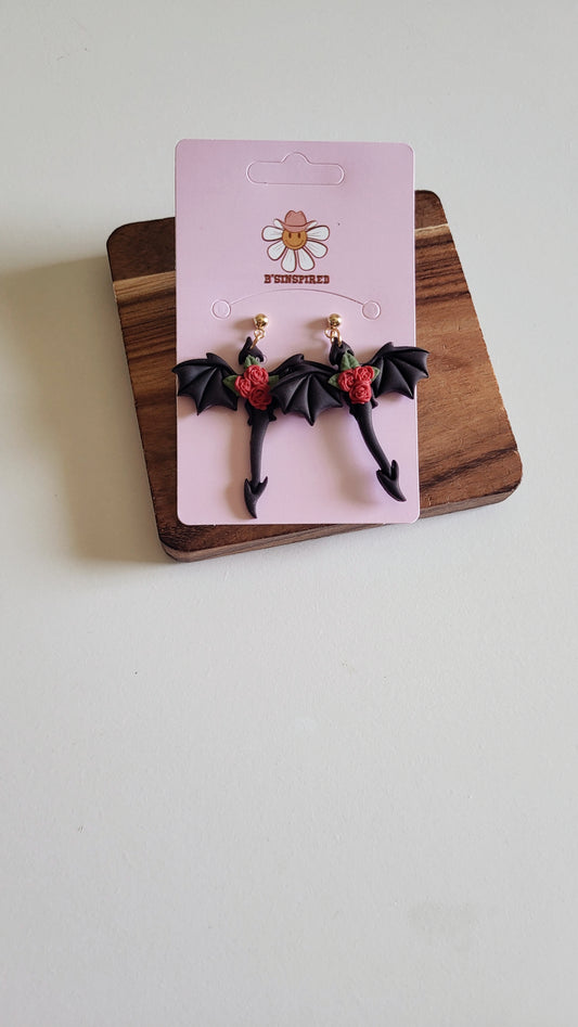 Black Dragon With Red Roses Dangle Earrings