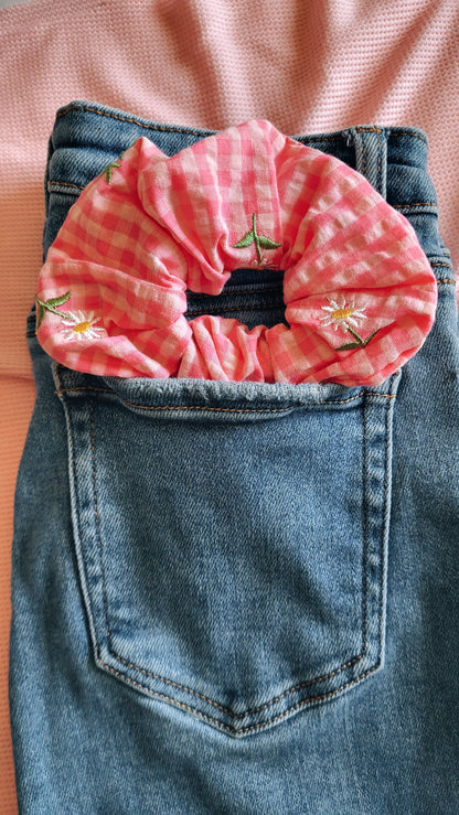 Pink Plaided Embroidered Daisy Flower Scrunchie