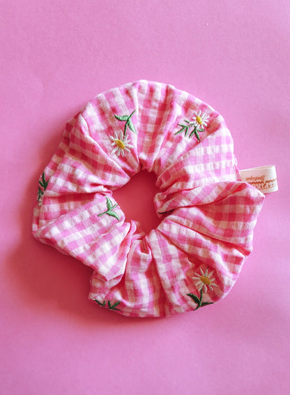 Pink Plaided Embroidered Daisy Flower Scrunchie