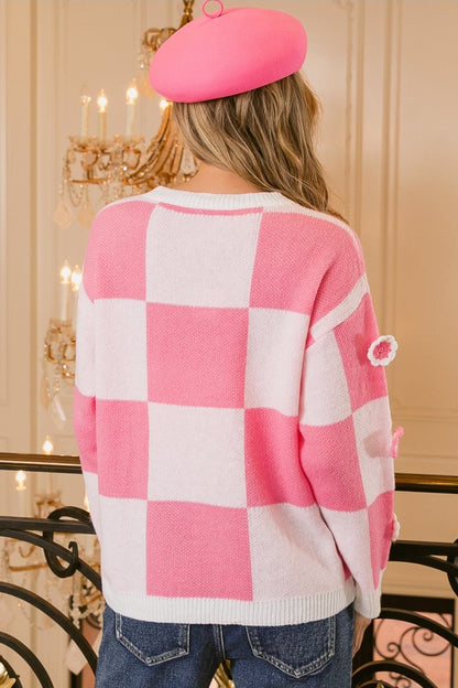Pink Patchwork Pullover Sweater, Flower Patches Checkered Sweater, Pink and Pink Checkered Sweater, Checkered Sweater Knitting Pattern