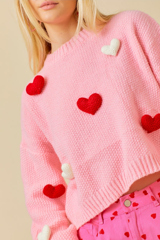 3D Heart Crochet Long Bubble Sleeve Sweater, Women's Valentine Sweater