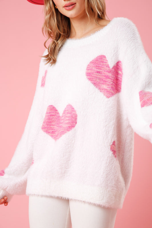 Women's Heart Print Sweater, Women's Heart Pattern Sweater, Women's Valentines Day Sweater